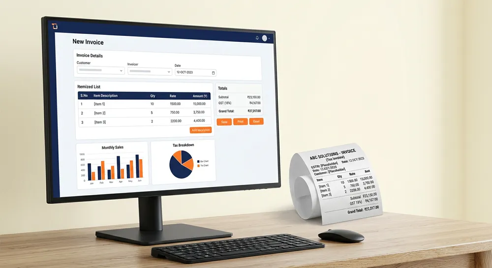 Billing software on screen with a printed receipt