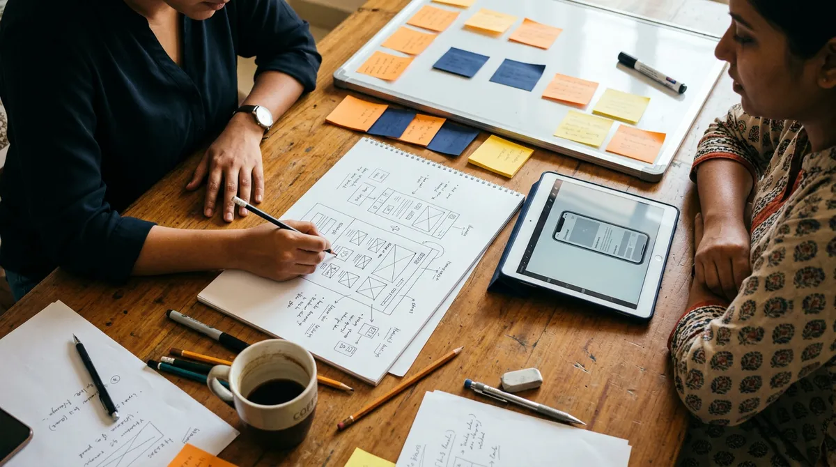 A ZiyaTech planning session with website wireframes on the table