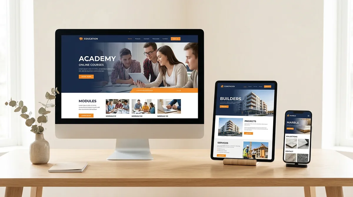 Client websites shown on a monitor, a tablet and a phone