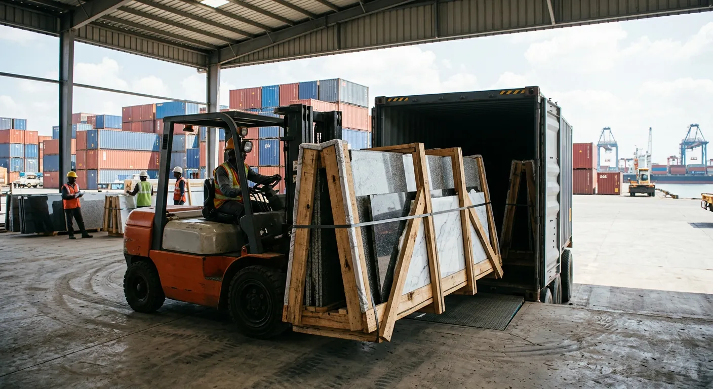 Marble and granite slabs in fumigated wooden bundles loading into 20ft container – natural stone export from Mundra port