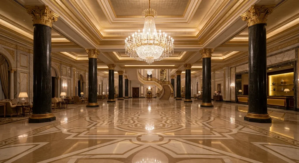 Hotel lobby with marble inlay floor and granite columns – natural stone supplier Qatar