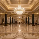 Hotel lobby with marble inlay floor and granite columns – natural stone supplier Qatar