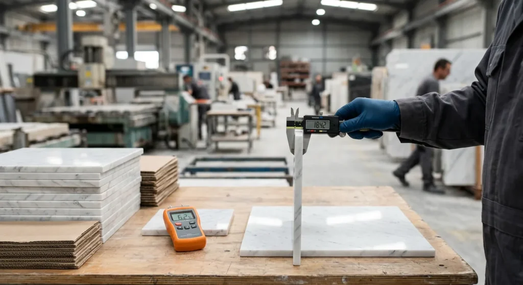 Marble tile thickness inspection with calipers – export quality control India